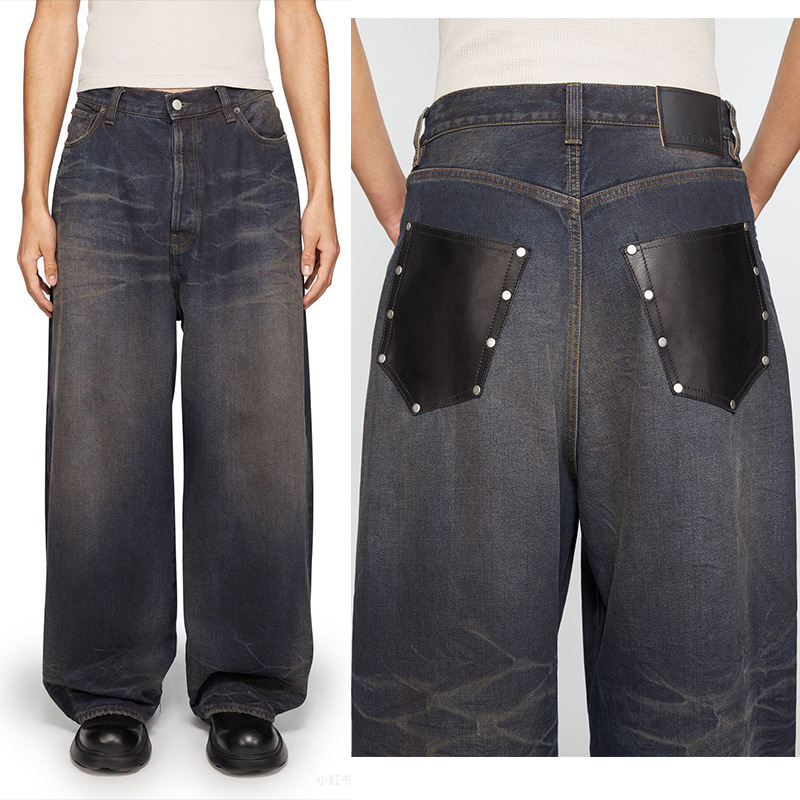 AC中腰直筒牛仔裤女复古蓝铆钉口袋长裤女宽松休闲做旧2025秋冬款