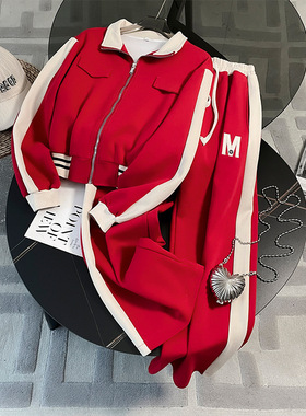 欧货红色运动休闲套装女2024春秋洋气炸街高级感卫衣阔腿裤两件套