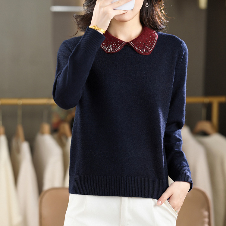 100%羊毛娃娃领拼色羊绒衫