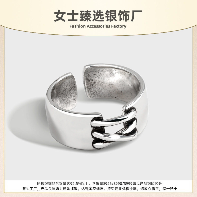 S925纯银跨境热销复古泰银字母染黑做旧戒指女式高级感欧美风指环