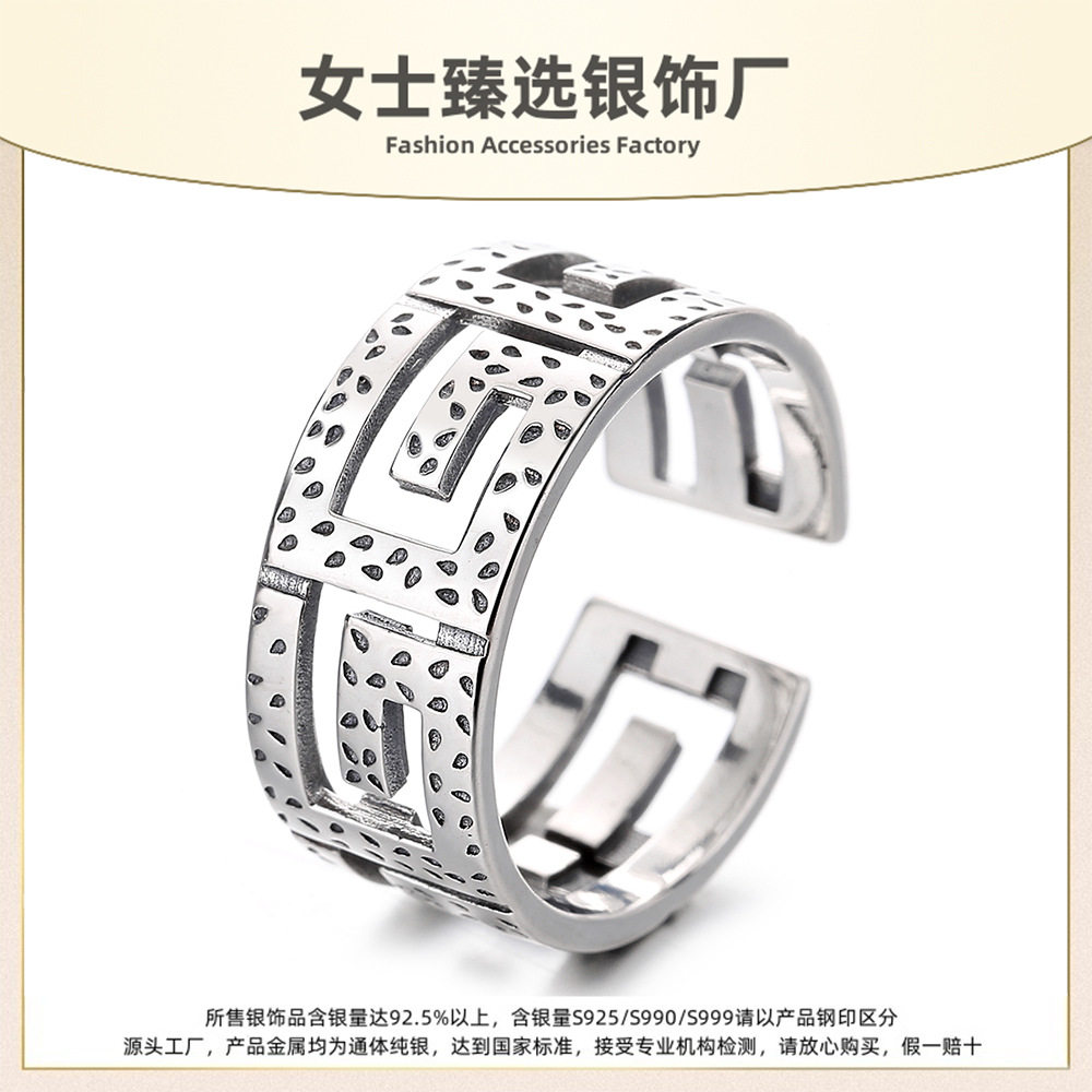 S925纯银跨境热销复古泰银罗马镂空染黑做旧戒指女高级感欧美指环