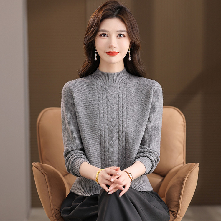 100%羊毛高领麻花纹羊绒衫女