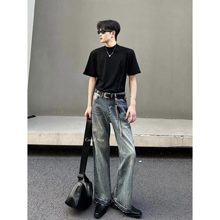 高级感美式复古直筒长裤毛边设计堆积感牛仔裤显瘦显高百搭拖地裤