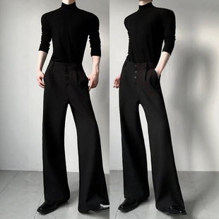 渡影谷原创小众高级感多排扣轻奢黑色阔腿西裤 男显高显瘦拖地长裤