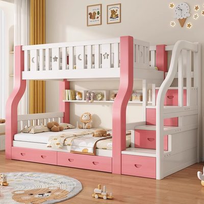全实木子母床上下床公主双层床粉色多功能儿童床上下铺木床高低床