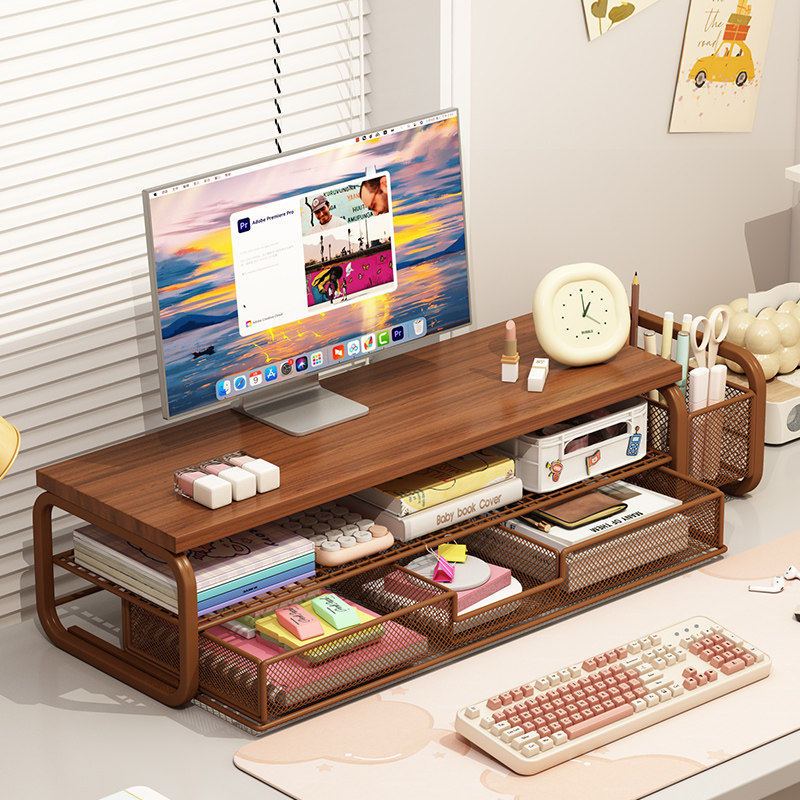 电脑增高架笔记本屏幕加高架屏幕显示器支撑架抽屉式桌面置物架键盘增高托架办公收纳置物架加高加宽支架