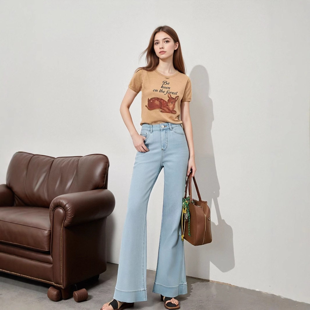 天丝莱赛尔宽边微喇牛仔裤女25夏新弹力高腰修身显瘦喇叭九分长裤