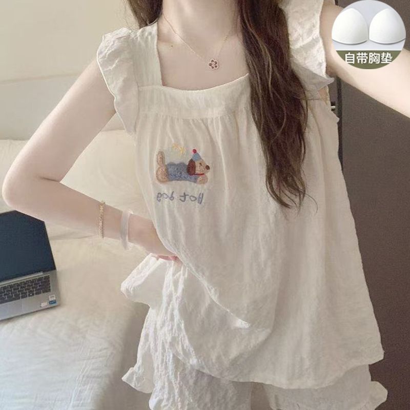 甜梦舞睡衣女款夏季云朵棉2026新款带胸垫一体吊带短裤家居服套装