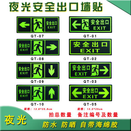 夜光安全出口左右消防安全疏散紧急应急逃生指示牌荧光墙贴标识牌消防验厂安全通道逃生提示牌自带胶紧急出口