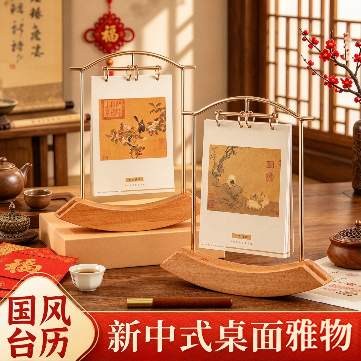 实木台历2027年新款国风弧形日历办公桌面精致摆件羊年大格子计划打卡本月历企业定制广告专版Logo印刷礼盒装