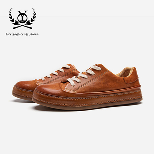老钱怀旧复古小众马皮休闲鞋男百搭英伦风平底时尚潮鞋透气真皮鞋