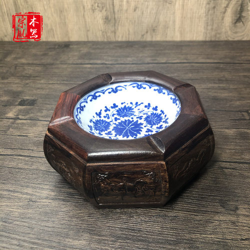 红木工艺木质装饰花梨木黑檀烟灰缸摆件青花瓷龙图案创意家用