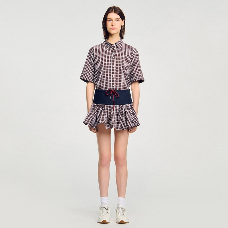 maSande法国S家25早秋新款女时尚格纹抽绳腰封蓬蓬裙裤短裤SH0055