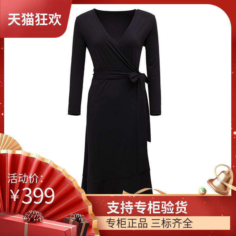 DI DVF连衣裙2023春夏新款v领系带显瘦裹身裙黑色鱼尾裙长款