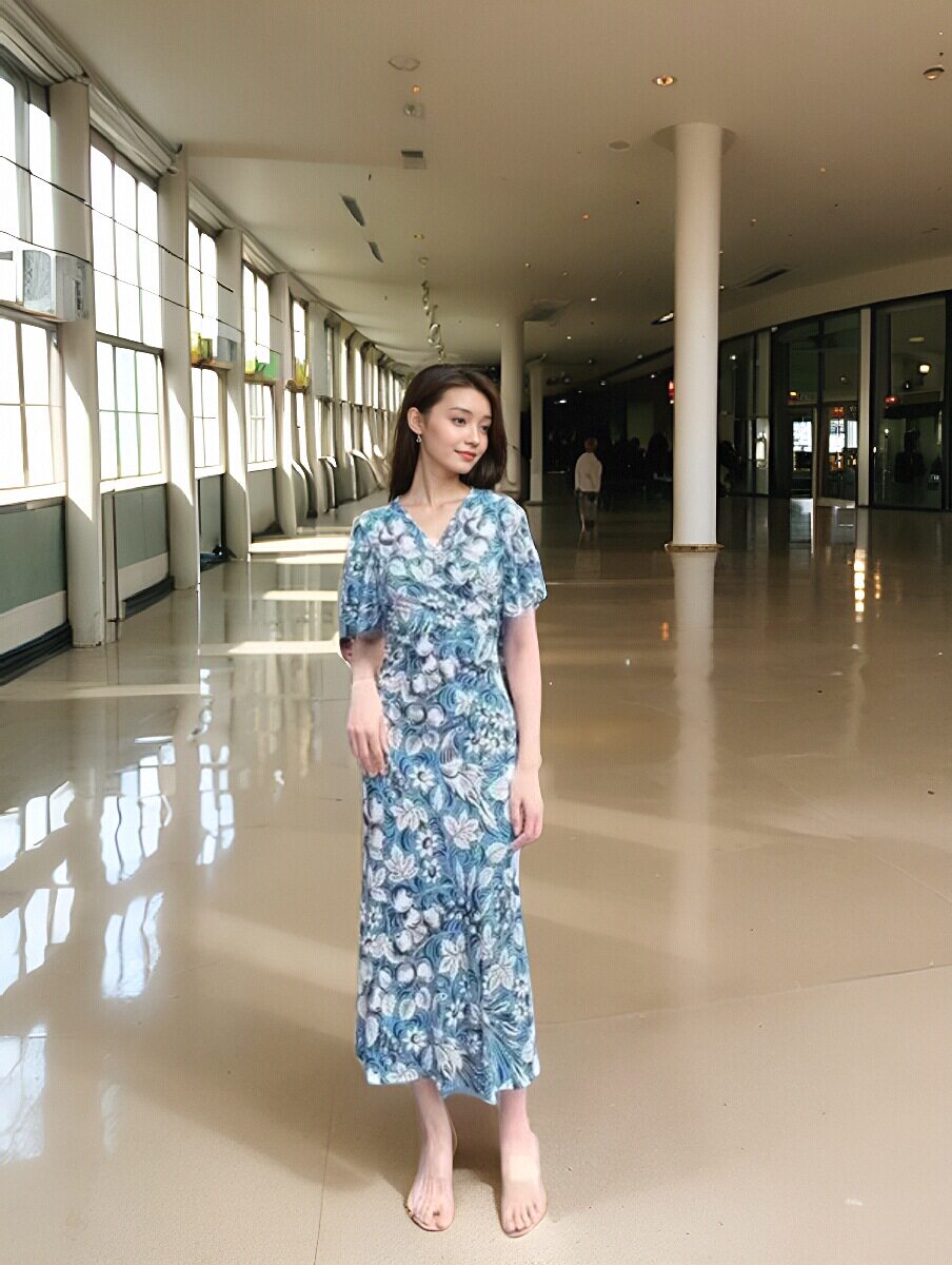 PG DVF春夏新款浅蓝色天堂鸟印花气质系带包臀裹身裙都市女人时尚