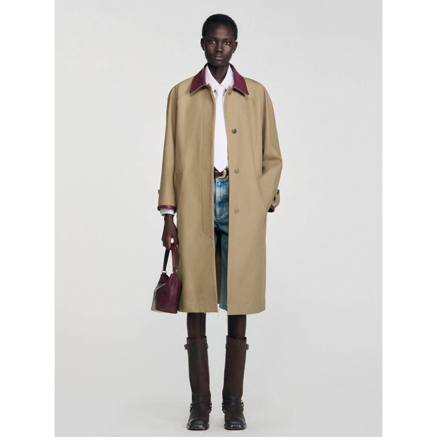 包邮法国S家25秋冬女迪木尔风法式棉质撞色皮革领长款风衣外套