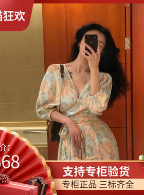 DI DVF2023夏季新款法式复古油画泡泡袖一片式系带连衣裙碎花长款
