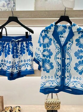 maSande法国S家24夏新款女装法式蓝色印花度假风短袖衬衫CM01149