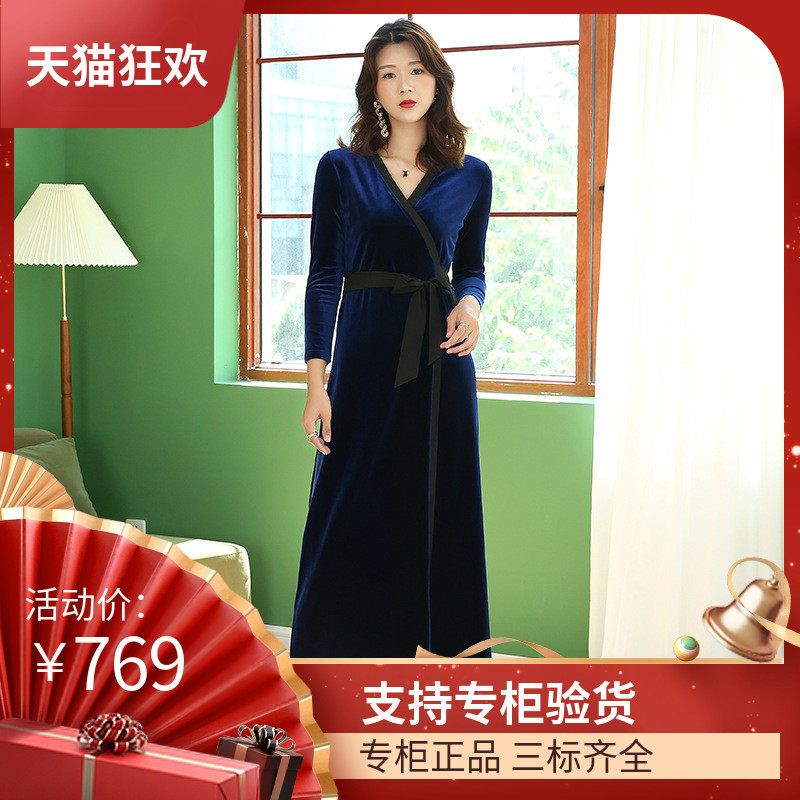 DI DVF连衣裙2023夏冬季修身显瘦金丝绒晚礼服连衣裙女长裙高端高