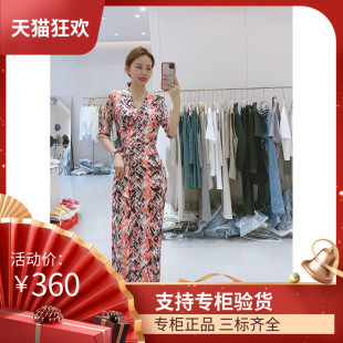 DI DVF韩版2023春夏季连衣裙涂鸦橘黄色印花气质V领显瘦系带收腰
