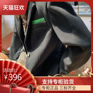 DI DVF韩版毛呢外套女 中长款2023冬季新款加厚小西服 显瘦黑色毛