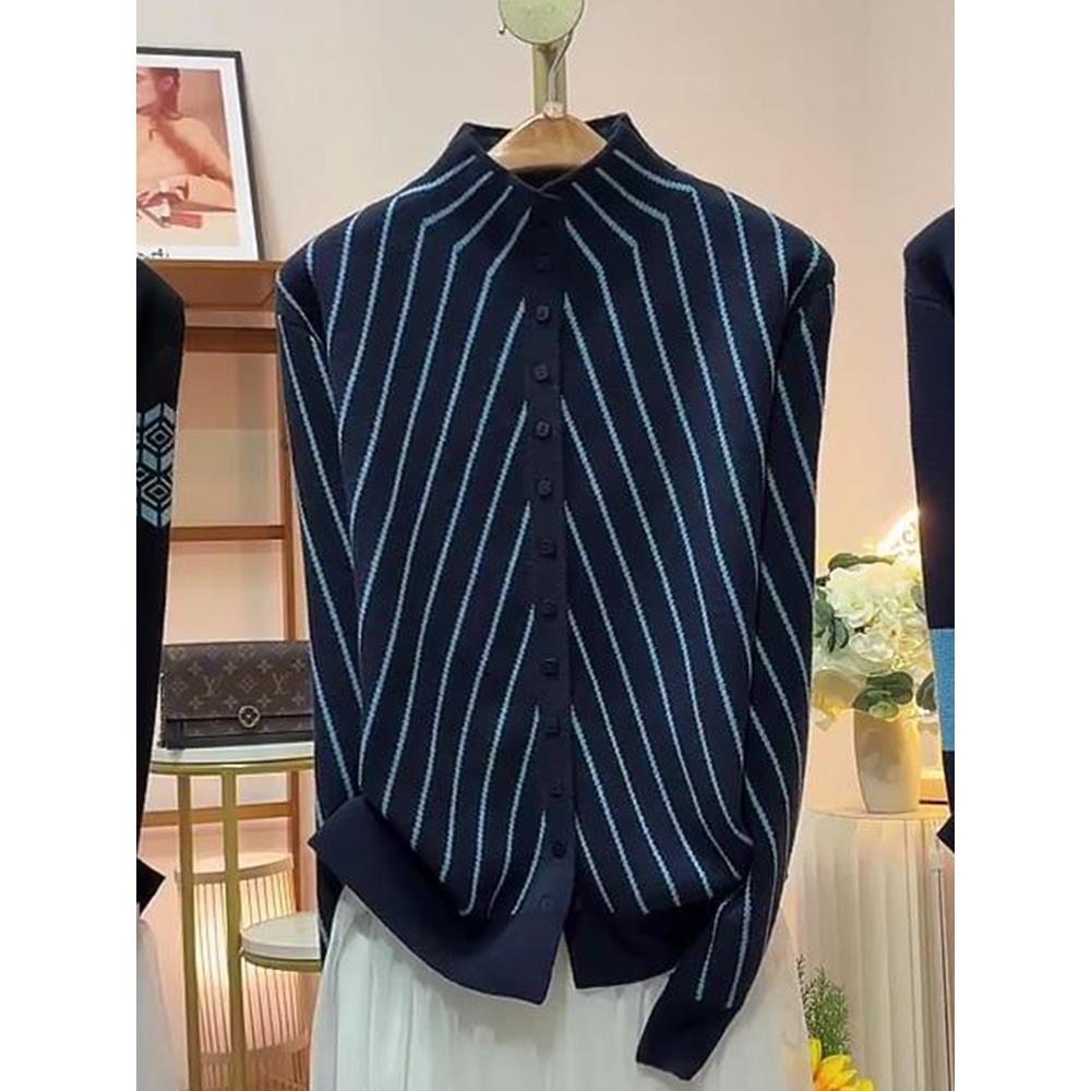 复古条纹风长袖衬衫女蓝色