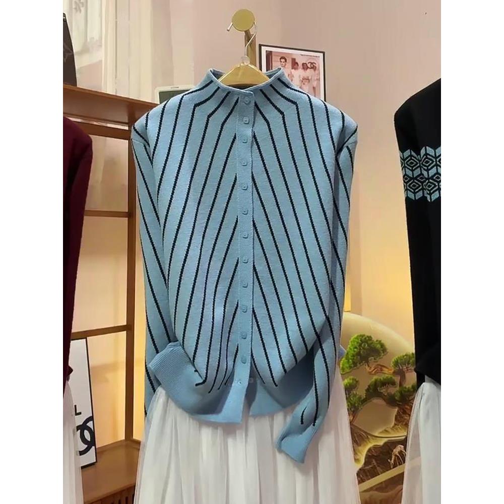 法式条纹衬衫女长袖蓝色宽