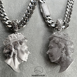 Central Cee双面全立体女王吊坠满钻镶嵌项链嘻哈hiphop配饰挂件