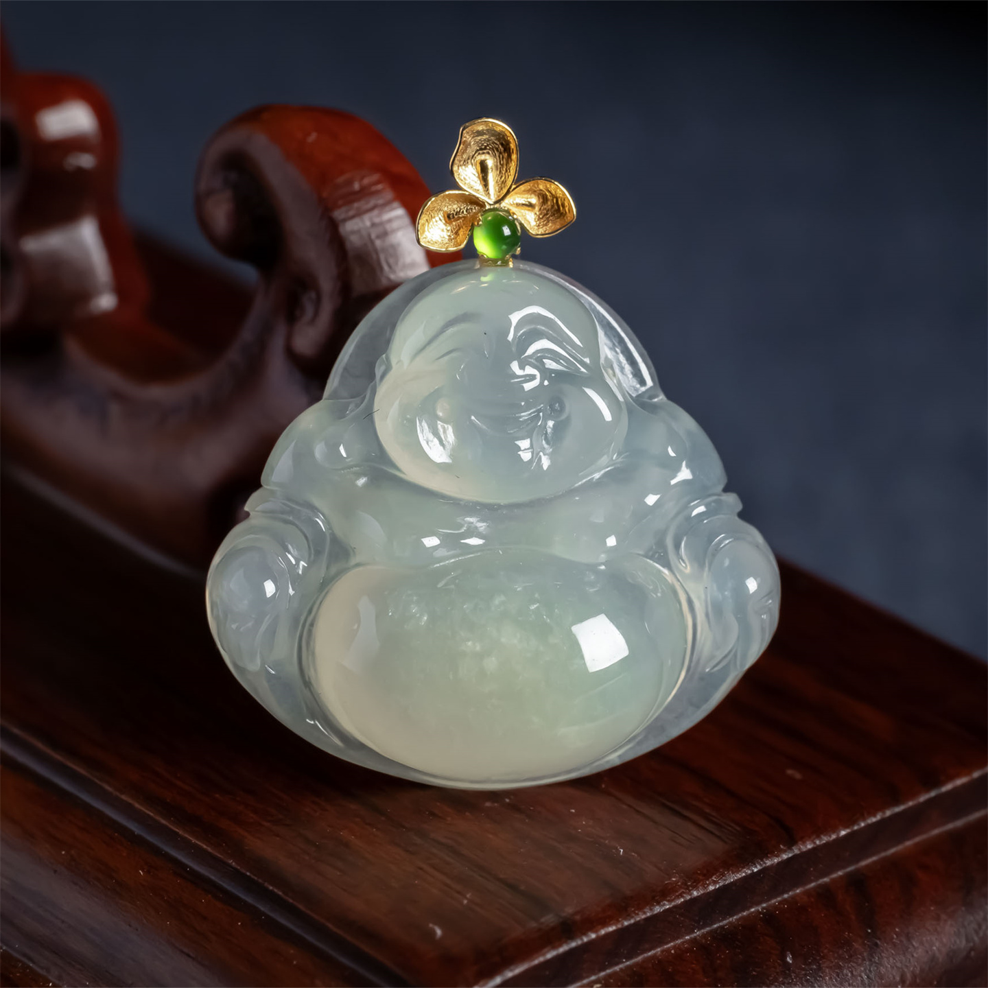 缅甸天然翡翠A货老坑冰种黄翡弥勒佛如意吊坠18K冰黄女款佛公挂件