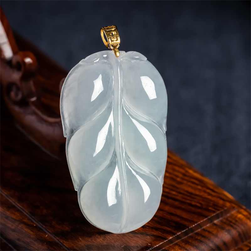 缅甸天然翡翠A货冰糯种金枝玉叶吊坠18K大业有成如意叶子玉挂件