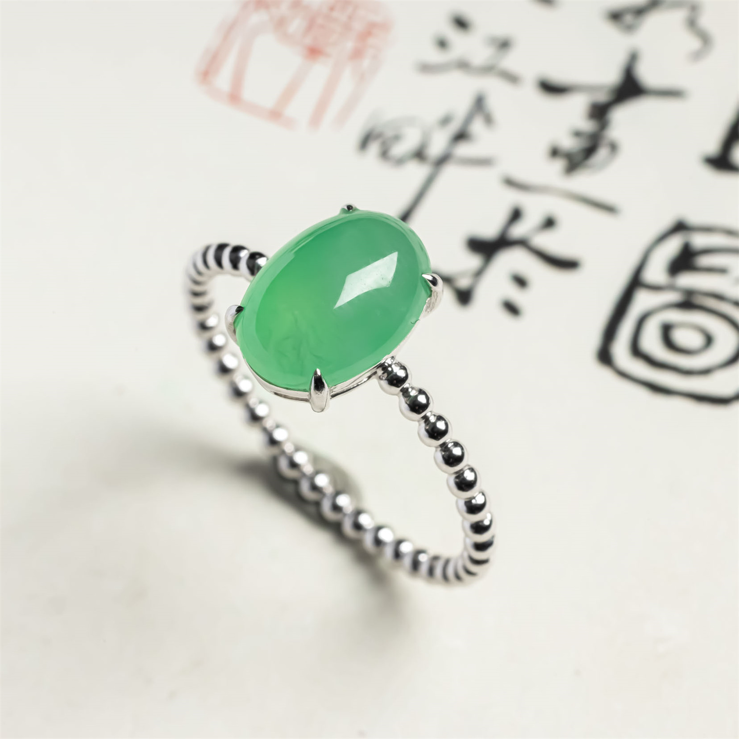 翠贵人18K冰种阳绿女款戒面戒指