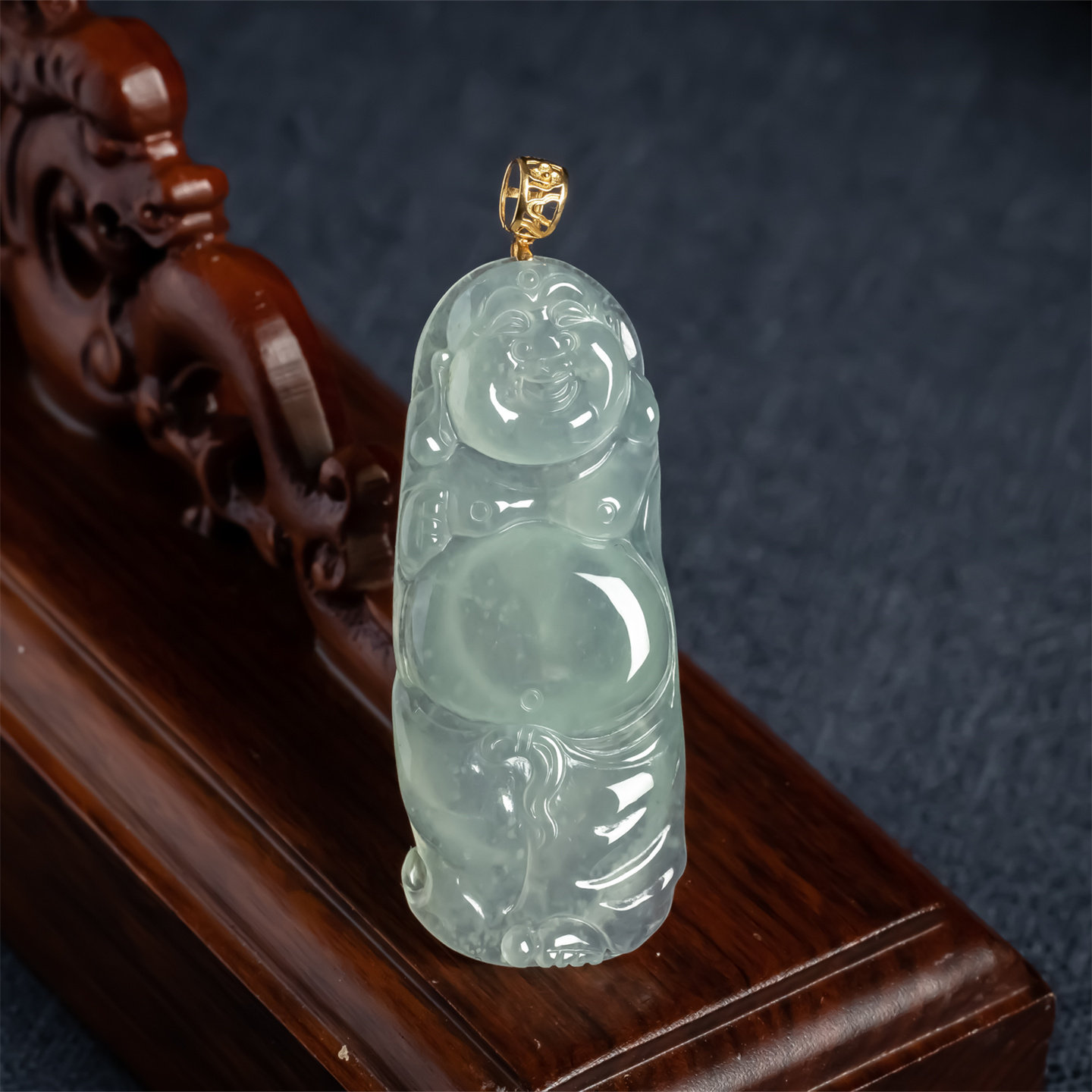 缅甸天然翡翠a货冰种浅绿大肚笑佛女款吊坠18K冰佛站佛平安佛挂件