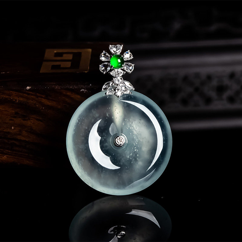 缅甸天然翡翠a货高冰种平安扣吊坠18k金镶嵌高档冰扣女款翡翠挂件