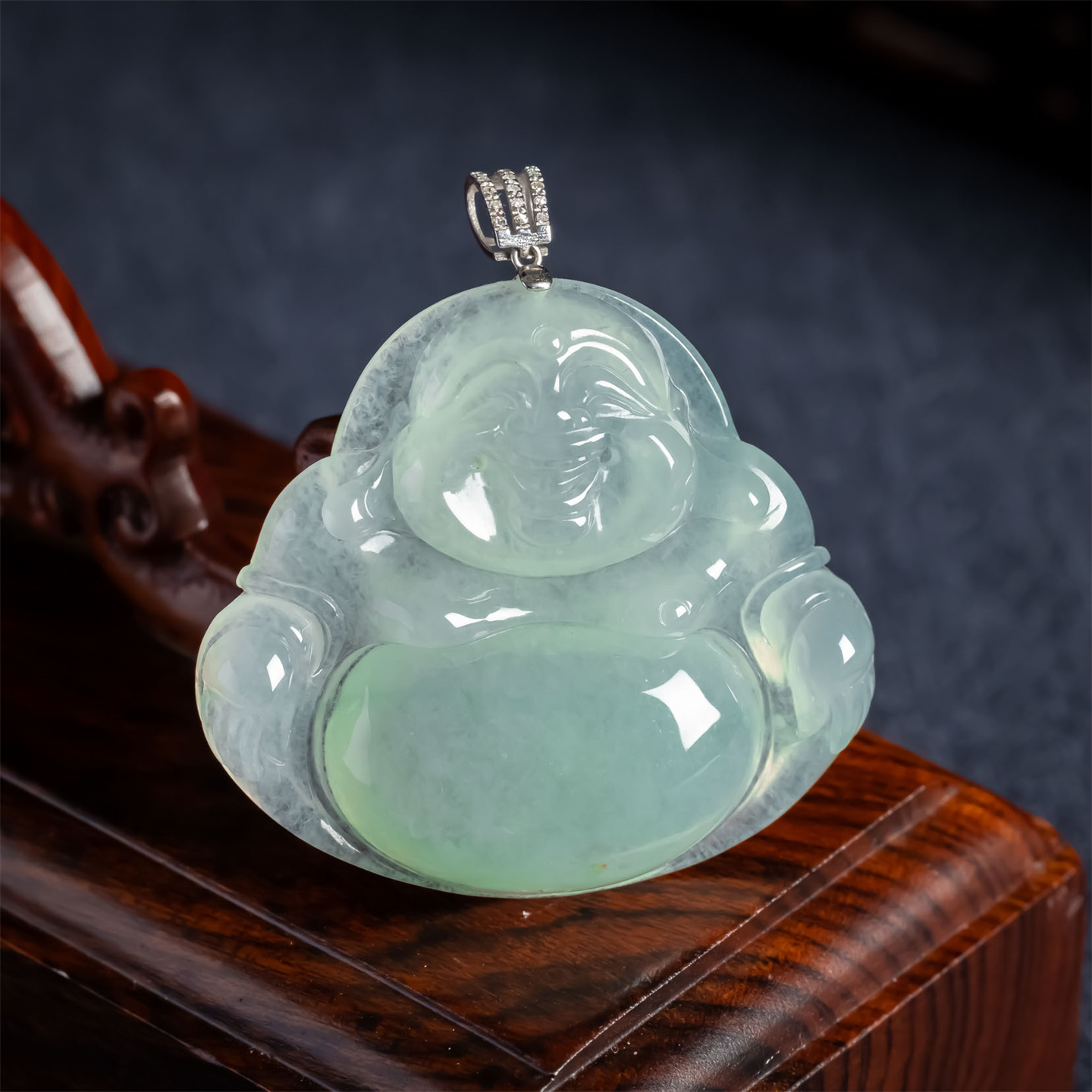 缅甸天然翡翠A货浅绿冰糯种弥勒佛如意吊坠18K老坑冰透女款佛挂件