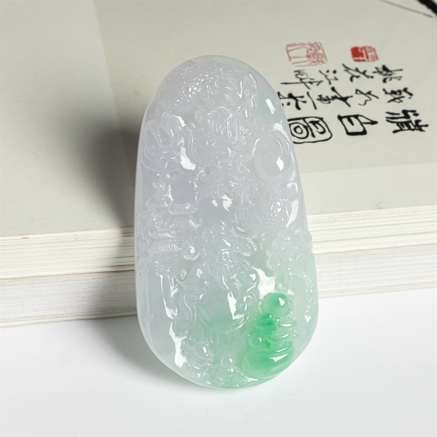 缅甸天然翡翠a货冰种阳绿山水牌如意吊坠高档财神平安来财玉挂件