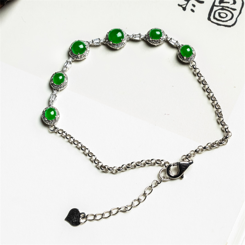 缅甸天然翡翠A货老坑阳绿戒面女款手链18K金冰绿时尚绿蛋面手串