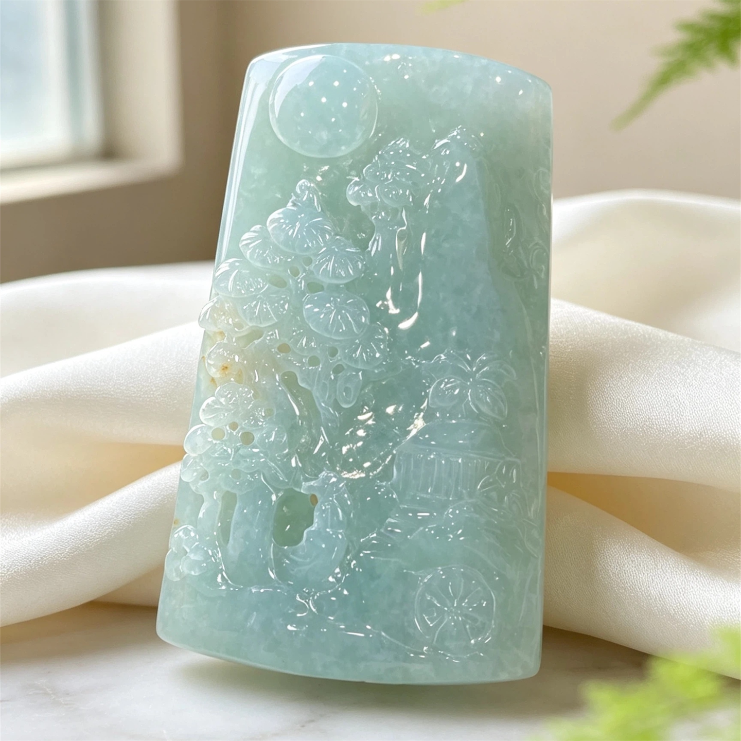 翠贵人冰糯种浅绿山水意境牌吊坠