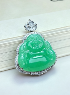 翠贵人冰种阳绿18K弥勒佛吊坠