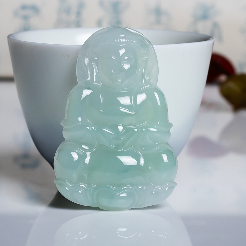 翡翠观音吊坠冰糯种玉石观音 缅甸天然a货男款挂件玉佩玉器大坠子