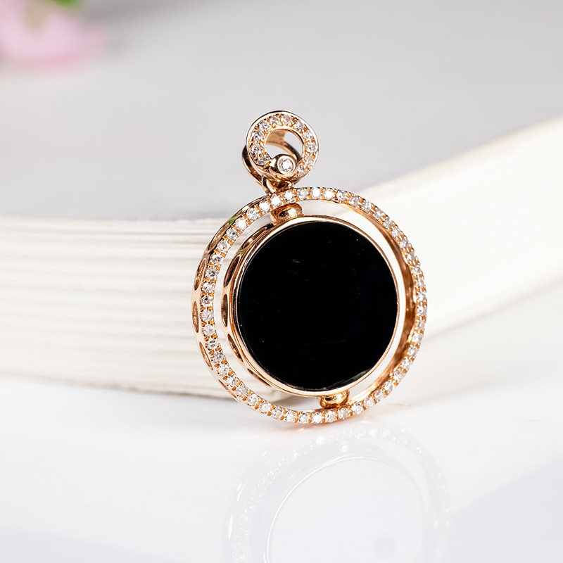 缅甸天然翡翠A货冰种墨翠圆牌吊坠18K金带钻时来运转无事牌挂件