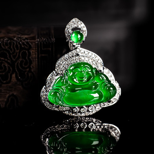 天然翡翠A货冰种满绿色18K金镶嵌佛公如意吊坠 佛公挂件 冰透女款