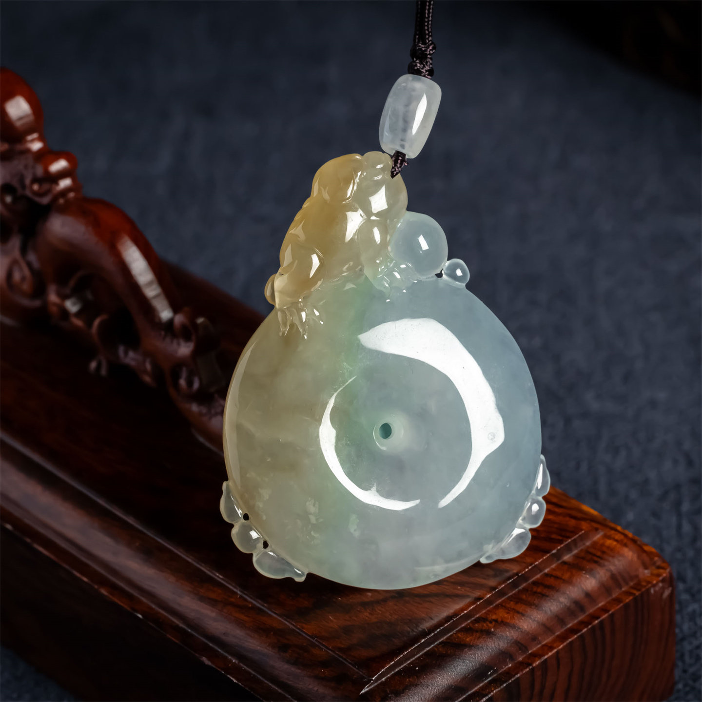 缅甸天然翡翠A货冰种黄翡福贝如意吊坠男女款毛衣链三角金蟾挂件