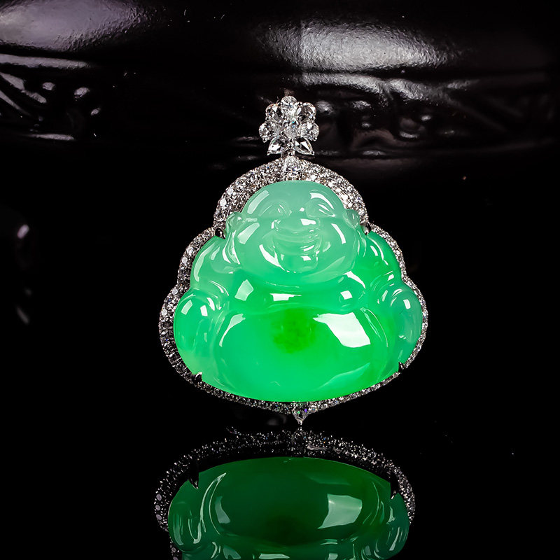 天然翡翠A货阳绿冰种阳绿满绿弥勒佛如意吊坠 18k金高档佛公挂件