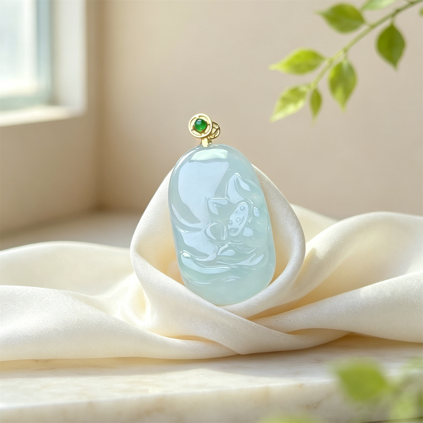 翠贵人18K冰种浅绿莲花荷叶吊坠