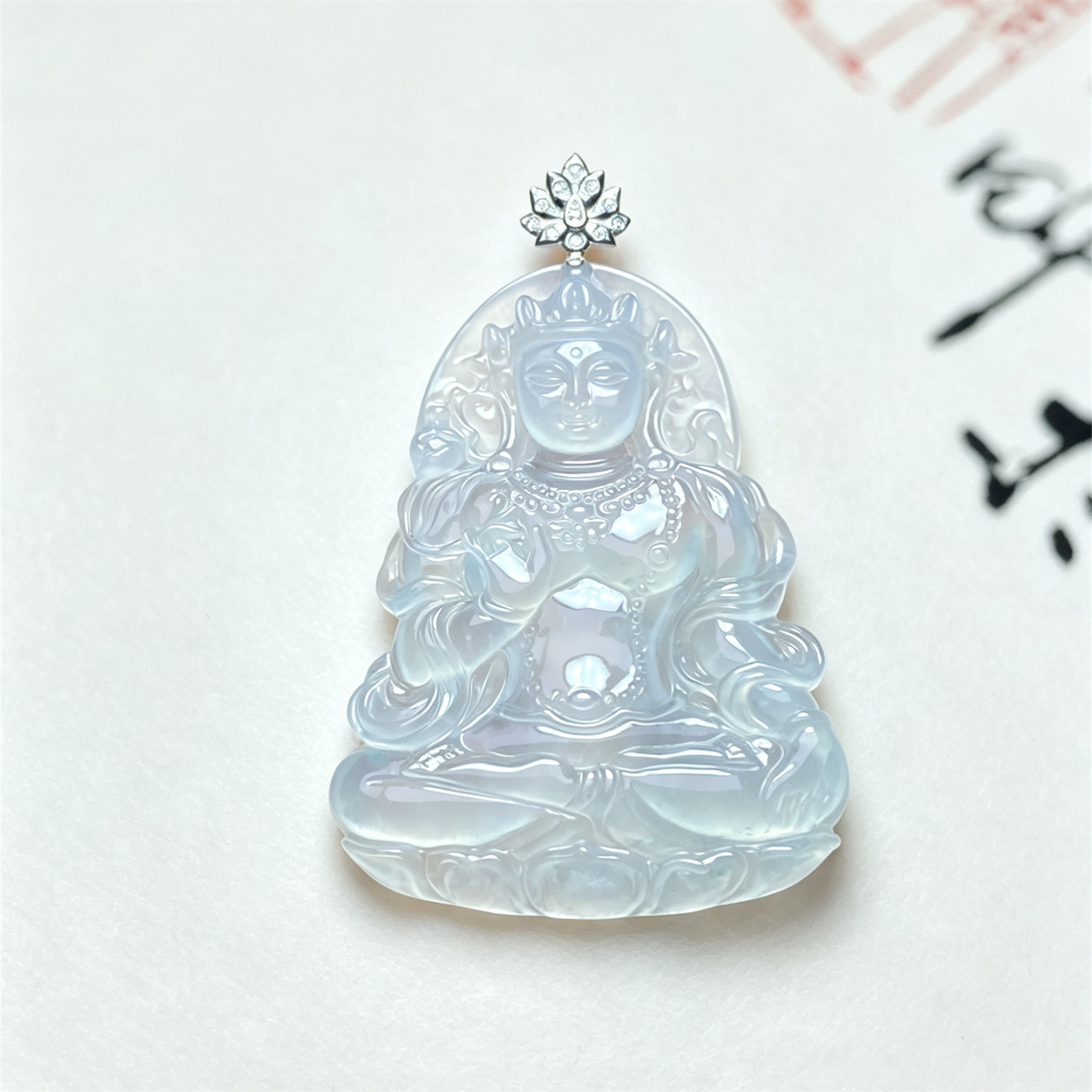 翠贵人冰种冰透度母如意吊坠18K
