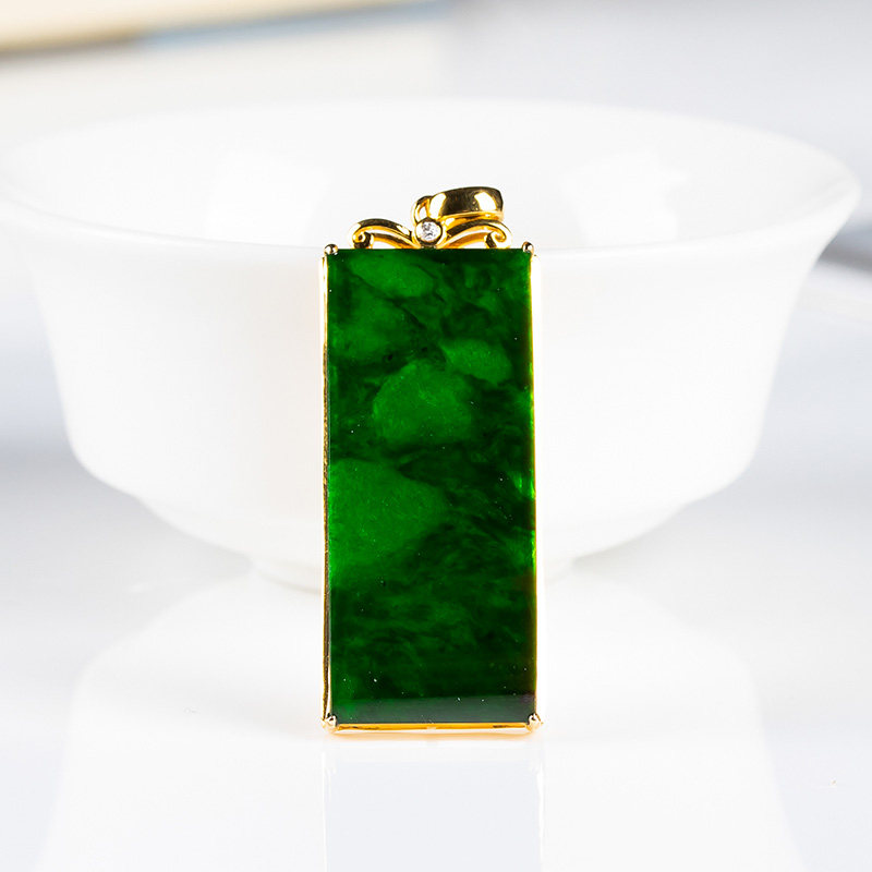 缅甸天然a货翡翠平安无事牌吊坠冰种满阳绿色挂件18k金男女款玉牌