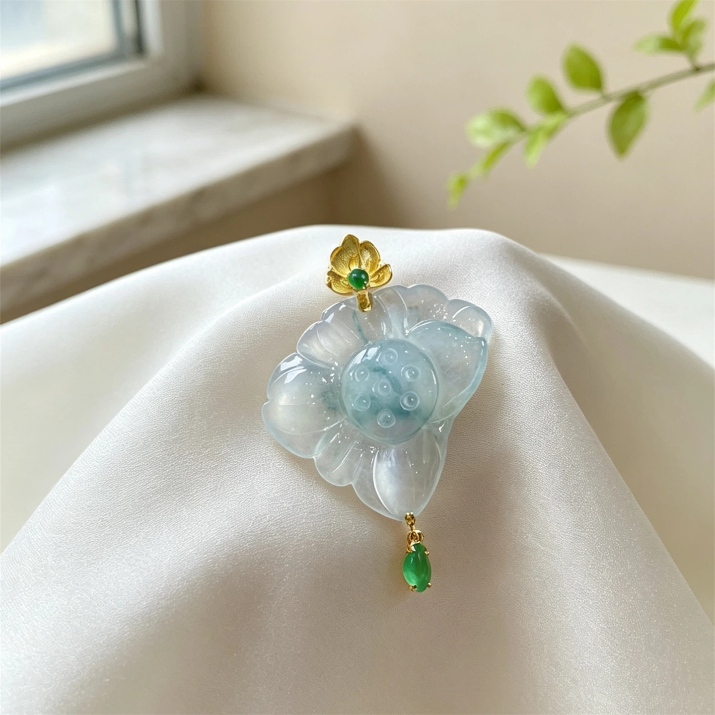 翠贵人18K冰种飘花莲花吊坠冰透