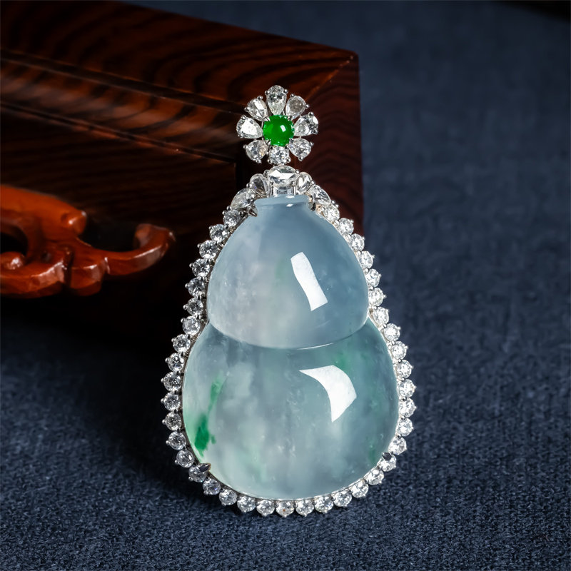 缅甸天然翡翠A货冰种飘花葫芦如意吊坠老坑高档大件福禄双全挂件