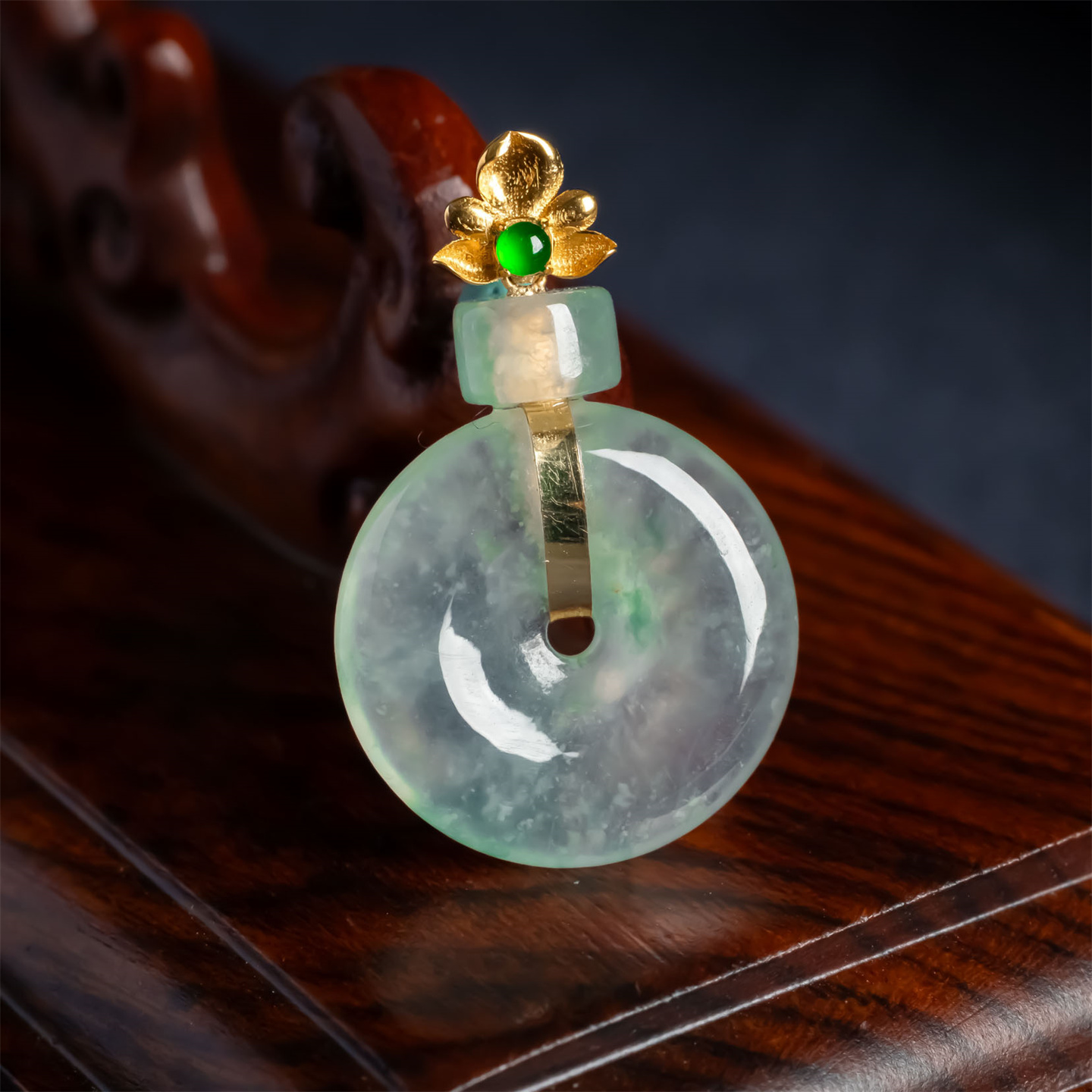 缅甸天然翡翠A货冰种飘花平安扣如意吊坠18K冰透圆扣平安扣玉挂件