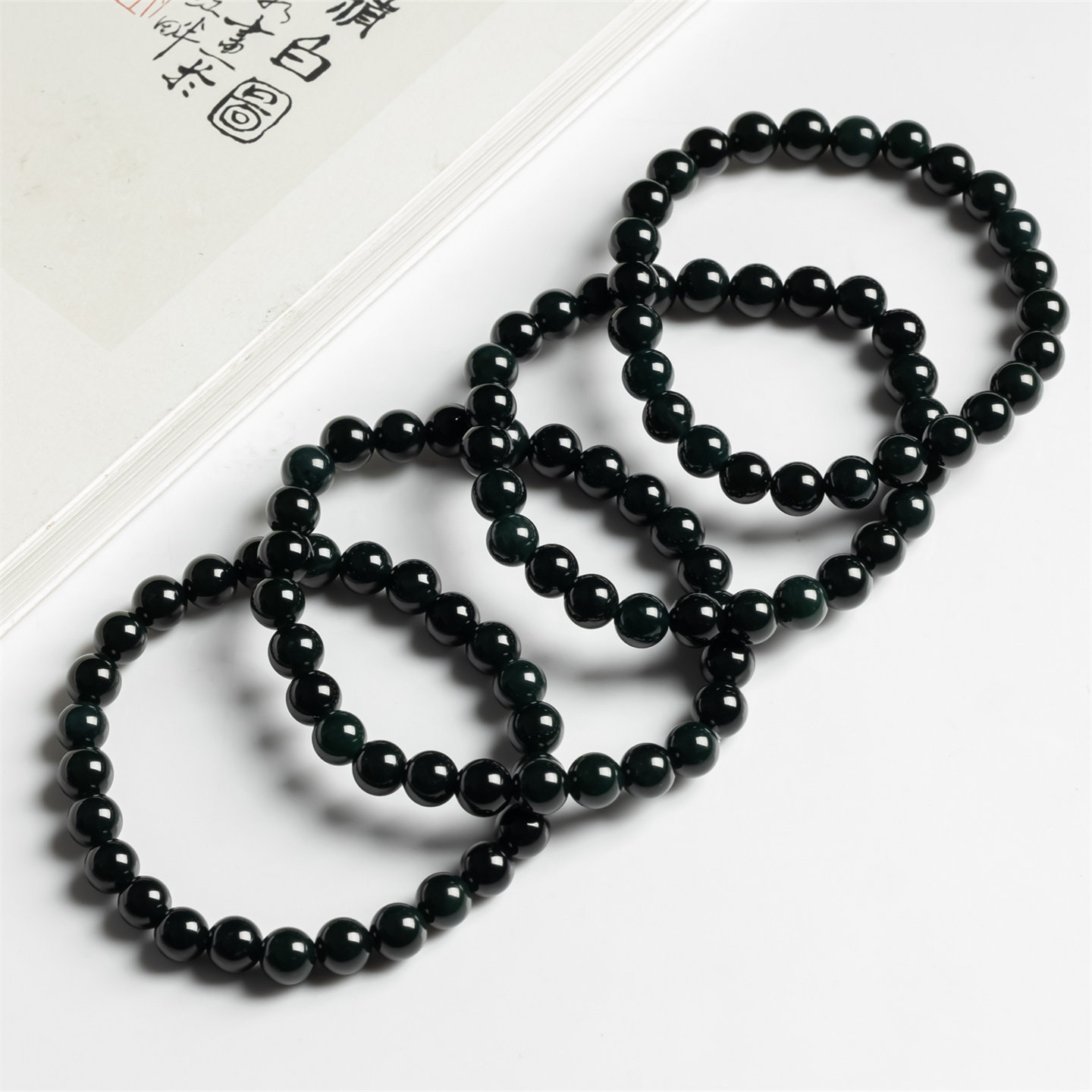 天然翡翠a货冰糯种墨翠6.8MM圆珠手链男女款老坑水润翡翠手串玉珠